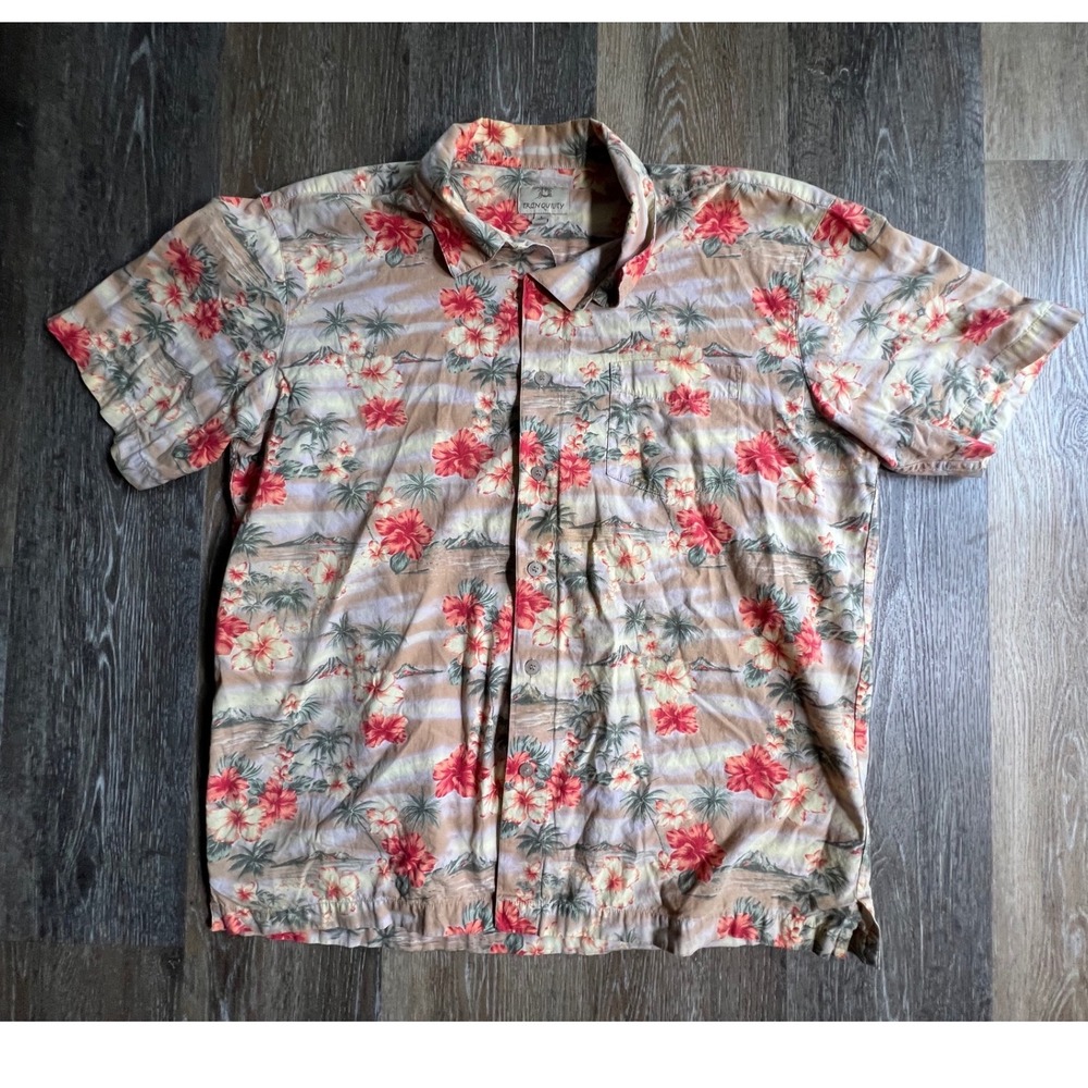 Tranquility Button Down Shirt Mens Large Tan Floral Tropical Aloha Short Sleeve